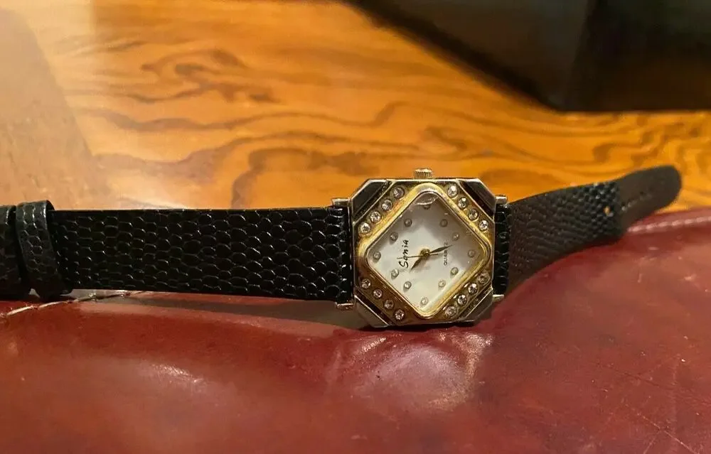 VTG Two Tone Sonia Watch, Crystal Accents, Black Leather Band